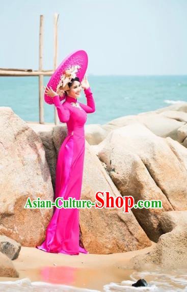 Traditional Top Grade Asian Vietnamese Dress, Vietnam National Female Handmade Ao Dai Dress Women Cheongsam Clothing and Hat Complete Set