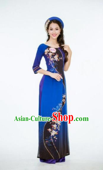 Traditional Top Grade Asian Vietnamese Dress, Vietnam National Female Handmade Ao Dai Dress Women Royalblue Cheongsam Clothing
