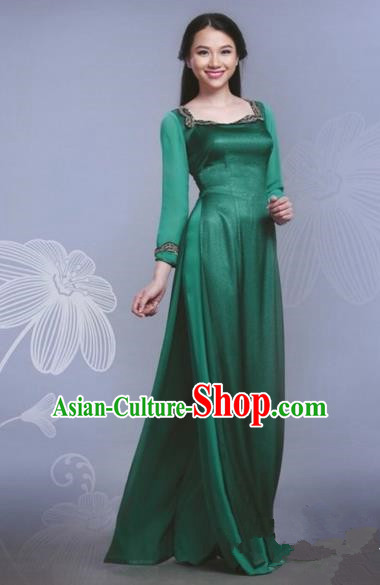 Traditional Top Grade Asian Vietnamese Dress, Vietnam National Female Handmade Ao Dai Dress Bride Wedding Green Silk Cheongsam Clothing
