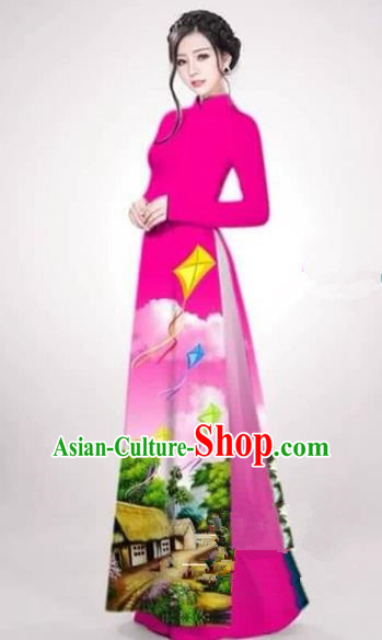 Traditional Top Grade Asian Vietnamese Costumes Dance Dress, Vietnam National Female Handmade Printing Rose Ao Dai Dress Cheongsam Clothing for Women