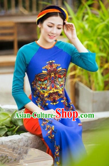 Traditional Top Grade Asian Vietnamese Costumes, Vietnam National Female Handmade Ao Dai Dress Cheongsam Printing Clothing for Women