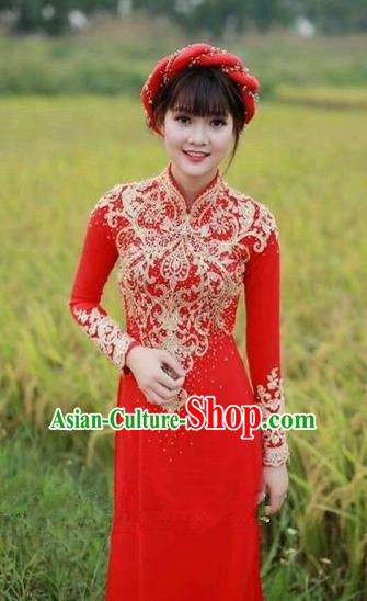 Traditional Top Grade Asian Vietnamese Costumes Dance Dress, Vietnam National Female Handmade Bride Wedding Ao Dai Dress Cheongsam Clothing for Women