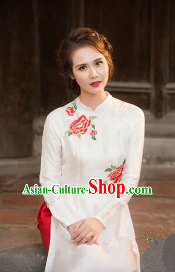 Traditional Top Grade Asian Vietnamese Costumes Dance Dress, Vietnam National Female Handmade White Printing Flowers Ao Dai Dress Cheongsam Clothing for Women