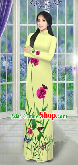 Traditional Top Grade Asian Vietnamese Costumes Dance Dress, Vietnam National Female Handmade Green Printing Flowers Ao Dai Dress Cheongsam Clothing for Women