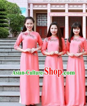 Traditional Top Grade Asian Vietnamese Costumes Dance Dress, Vietnam National Female Handmade Wedding Pink Bridesmaid Ao Dai Dress Cheongsam Clothing for Women