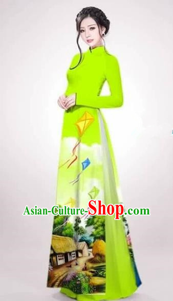 Traditional Top Grade Asian Vietnamese Costumes Dance Dress, Vietnam National Female Handmade Queen Printing Green Ao Dai Dress Cheongsam Clothing for Women