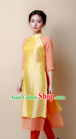 Traditional Top Grade Asian Vietnamese Costumes Dance Dress, Vietnam National Women Ao Dai Dress Golden Cheongsam Clothing