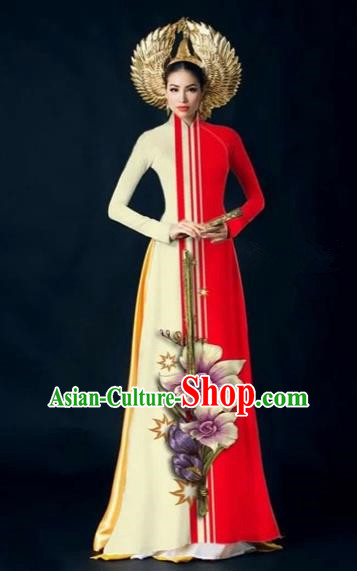 Traditional Top Grade Asian Vietnamese Costumes Dance Dress and Pants Complete Set, Vietnam National Women Ao Dai Dress Flowers Painting Red Cheongsam Clothing