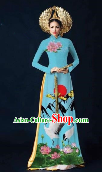 Traditional Top Grade Asian Vietnamese Costumes Dance Dress and Pants Complete Set, Vietnam National Women Ao Dai Dress Flowers Crane Painting Blue Cheongsam Clothing