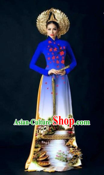 Traditional Top Grade Asian Vietnamese Costumes Dance Dress, Vietnam National Women Ao Dai Dress Printing Plum Blossom Royalblue Cheongsam Clothing