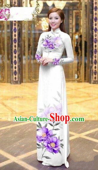 Traditional Top Grade Asian Vietnamese Costumes Dance Dress, Vietnam National Female Handmade Printing Purple Flowers Ao Dai Dress Cheongsam Clothing for Women