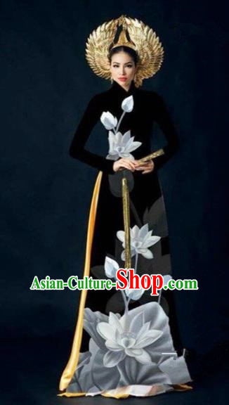 Traditional Top Grade Asian Vietnamese Costumes Dance Dress, Vietnam National Women Ao Dai Dress Ink Painting Lotus Black Cheongsam Clothing