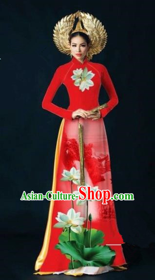 Traditional Top Grade Asian Vietnamese Costumes Dance Dress, Vietnam National Women Ao Dai Dress Ink Painting Lotus Red Cheongsam Clothing