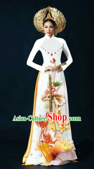 Traditional Top Grade Asian Vietnamese Costumes Dance Dress, Vietnam National Women Ao Dai Dress Ink Painting Lotus White Cheongsam Clothing