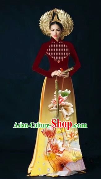 Traditional Top Grade Asian Vietnamese Costumes Dance Dress, Vietnam National Women Ao Dai Dress Ink Painting Lotus Wine Red Cheongsam Clothing