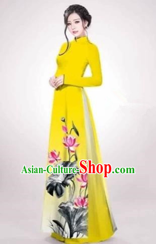 Traditional Top Grade Asian Vietnamese Costumes Dance Dress, Vietnam National Female Handmade Printing Lotus Flowers Yellow Ao Dai Dress Cheongsam Clothing for Women