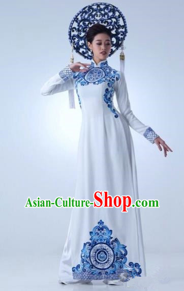 Traditional Top Grade Asian Vietnamese Costumes Dance Dress, Vietnam National Female Handmade Queen Blue and white porcelain Ao Dai Dress Cheongsam Clothing for Women