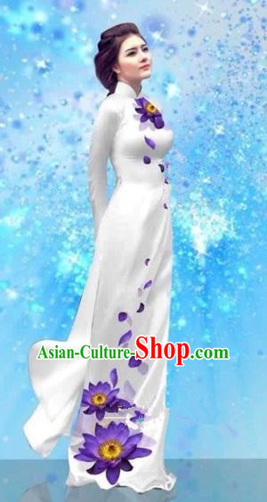 Traditional Top Grade Asian Vietnamese Costumes Dance Dress and Pants, Vietnam National Female Handmade Printing White Ao Dai Dress Cheongsam Clothing for Women