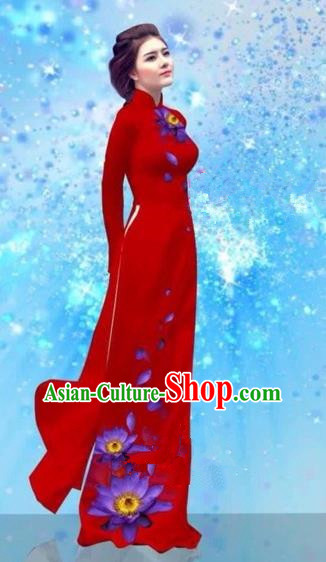 Traditional Top Grade Asian Vietnamese Costumes Dance Dress and Pants, Vietnam National Female Handmade Printing Red Ao Dai Dress Cheongsam Clothing for Women