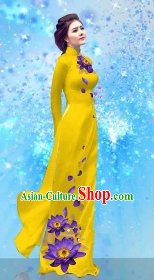 Traditional Top Grade Asian Vietnamese Costumes Dance Dress and Pants, Vietnam National Female Handmade Printing Light Yellow Ao Dai Dress Cheongsam Clothing for Women