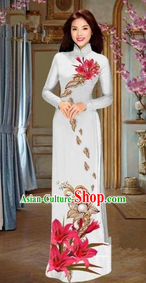 Traditional Top Grade Asian Vietnamese Costumes Dance Dress and Pants, Vietnam National Female Handmade Printing Red Flowers Ao Dai Dress Cheongsam Clothing for Women