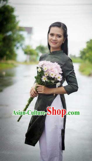Traditional Top Grade Asian Vietnamese Costumes Dance Dress and Loose Pants, Vietnam National Female Handmade Deep Grey Ao Dai Dress Cheongsam Clothing for Women
