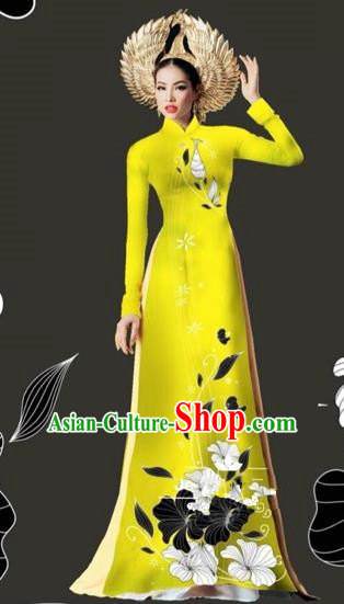 Traditional Top Grade Asian Vietnamese Costumes Dance Dress and Loose Pants, Vietnam National Female Handmade Printing Yellow Ao Dai Dress Cheongsam Clothing for Women
