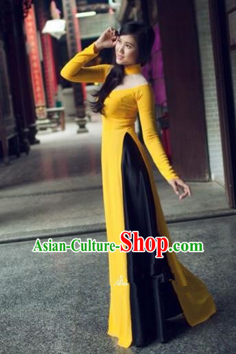Traditional Top Grade Asian Vietnamese Costumes Dance Dress and Loose Pants, Vietnam National Female Handmade Yellow Ao Dai Dress Cheongsam Clothing for Women