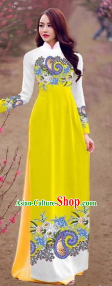 Traditional Top Grade Asian Vietnamese Costumes Handmade Dance Dress, Vietnam National Female Printing Yellow Chiffon Ao Dai Dress Cheongsam Clothing for Women