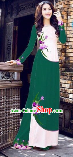 Traditional Top Grade Asian Vietnamese Costumes Handmade Dance Dress, Vietnam National Female Printing Flowers Green Ao Dai Dress Cheongsam Clothing for Women