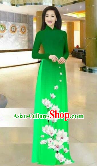 Traditional Top Grade Asian Vietnamese Costumes Dance Dress, Vietnam National Female Printing Flowers Green Ao Dai Dress Stand Collar Cheongsam Clothing for Women