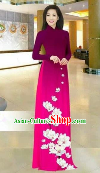 Traditional Top Grade Asian Vietnamese Costumes Dance Dress, Vietnam National Female Printing Flowers Wine Red Ao Dai Dress Stand Collar Cheongsam Clothing for Women