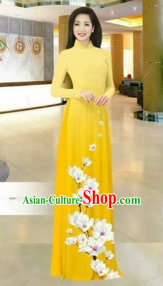 Traditional Top Grade Asian Vietnamese Costumes Dance Dress, Vietnam National Female Printing Flowers Bright Yellow Ao Dai Dress Stand Collar Cheongsam Clothing for Women