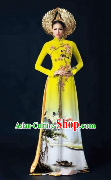 Traditional Top Grade Asian Vietnamese Costumes Dance Dress and Pants, Vietnam National Female Printing Crane Yellow Ao Dai Dress Cheongsam Clothing Complete Set for Women