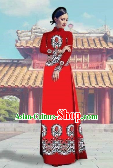 Traditional Top Grade Asian Vietnamese Costumes Dance Dress and Pants, Vietnam National Female Printing Red Ao Dai Dress Cheongsam Clothing Complete Set for Women