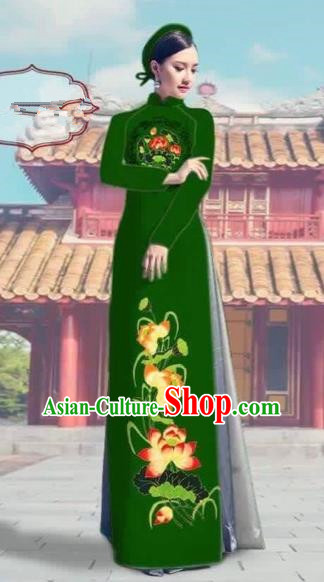 Traditional Top Grade Asian Vietnamese Costumes Dance Dress, Vietnam National Female Printing Lotus Green Ao Dai Dress Cheongsam Clothing Complete Set for Women