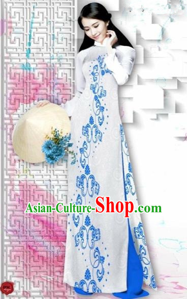 Traditional Top Grade Asian Vietnamese Costumes Dance Dress, Vietnam National Female Painting Blue Flower Ao Dai Dress Cheongsam Clothing for Women