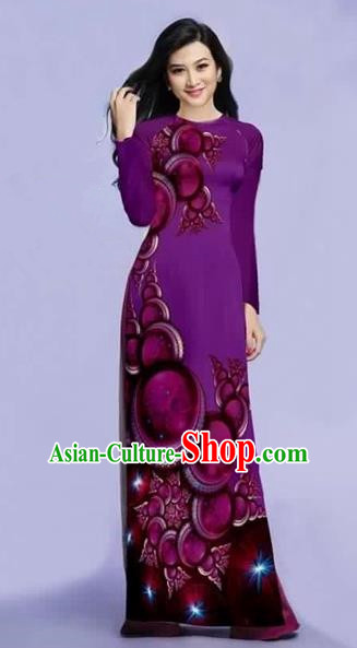 Traditional Top Grade Asian Vietnamese Costumes Dance Dress, Vietnam National Female Printing Purple Ao Dai Dress Cheongsam Clothing for Women
