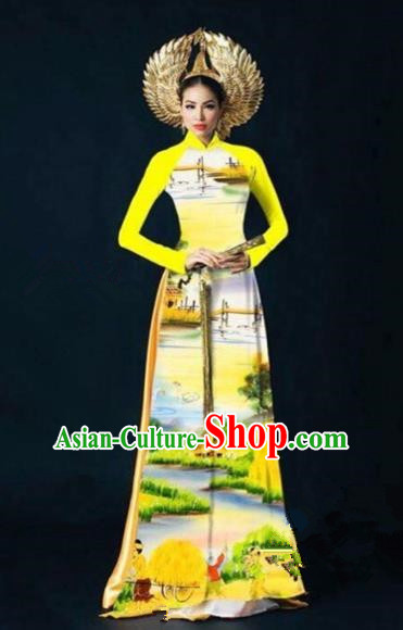 Traditional Top Grade Asian Vietnamese Costumes Dance Dress, Vietnam National Women Ao Dai Dress Printing Landscape Yellow Cheongsam Clothing