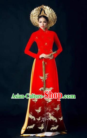 Traditional Top Grade Asian Vietnamese Costumes Dance Dress, Vietnam National Women Ao Dai Dress Printing Red Cheongsam Clothing