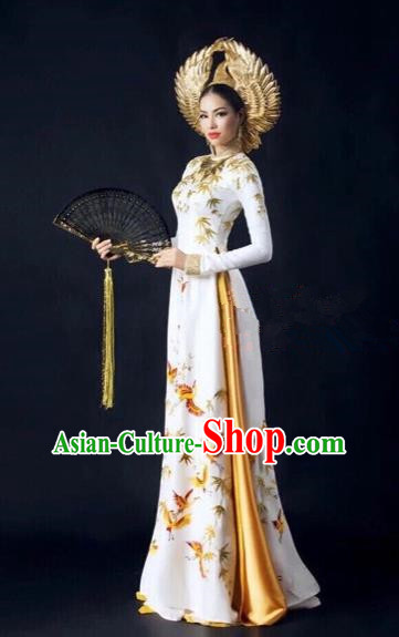 Traditional Top Grade Asian Vietnamese Costumes Dance Dress, Vietnam National Women Ao Dai Dress Printing White Cheongsam Clothing