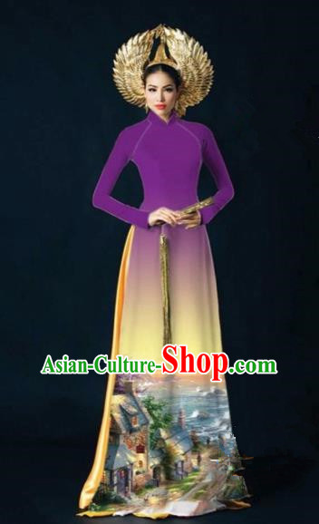 Traditional Top Grade Asian Vietnamese Costumes Dance Dress, Vietnam National Women Ao Dai Dress Printing View Purple Cheongsam Clothing