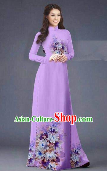Traditional Top Grade Asian Vietnamese Costumes Dance Dress, Vietnam National Women Ao Dai Dress Printing Flowers Long Purple Cheongsam Clothing