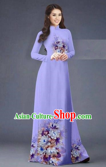 Traditional Top Grade Asian Vietnamese Costumes Dance Dress, Vietnam National Women Ao Dai Dress Printing Flowers Long Light Purple Cheongsam Clothing