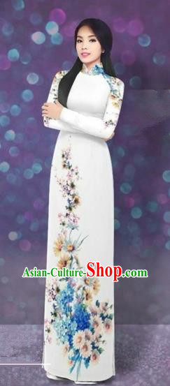 Traditional Top Grade Asian Vietnamese Costumes Dance Dress, Vietnam National Women Ao Dai Dress Printing Daisy Blue Flowers Long White Cheongsam Clothing