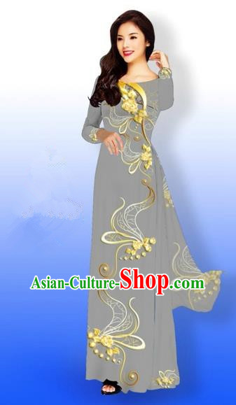 Traditional Top Grade Asian Vietnamese Costumes Dance Dress and Loose Pants, Vietnam National Women Ao Dai Dress Printing Long Grey Cheongsam Clothing Complete Set