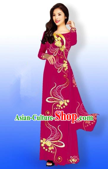 Traditional Top Grade Asian Vietnamese Costumes Dance Dress and Loose Pants, Vietnam National Women Ao Dai Dress Printing Long Cheongsam Clothing Complete Set