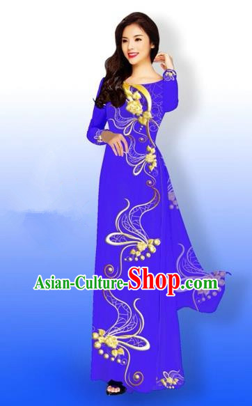 Traditional Top Grade Asian Vietnamese Costumes Dance Dress and Loose Pants, Vietnam National Women Ao Dai Dress Printing Long Blue Purple Cheongsam Clothing Complete Set