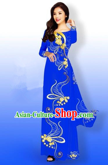 Traditional Top Grade Asian Vietnamese Costumes Dance Dress and Loose Pants, Vietnam National Women Ao Dai Dress Printing Long Royalblue Cheongsam Clothing Complete Set