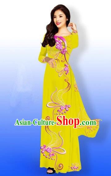 Traditional Top Grade Asian Vietnamese Costumes Dance Dress and Loose Pants, Vietnam National Women Ao Dai Dress Printing Long Yellow Cheongsam Clothing Complete Set